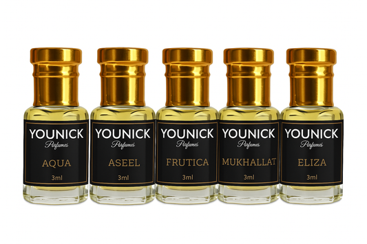 YOUNICK 5 ATTAR COMBO AQUA, ASEEL,FRUTICA, MUKHALLAT, AND ELIZA 3ml each, roll on bottle